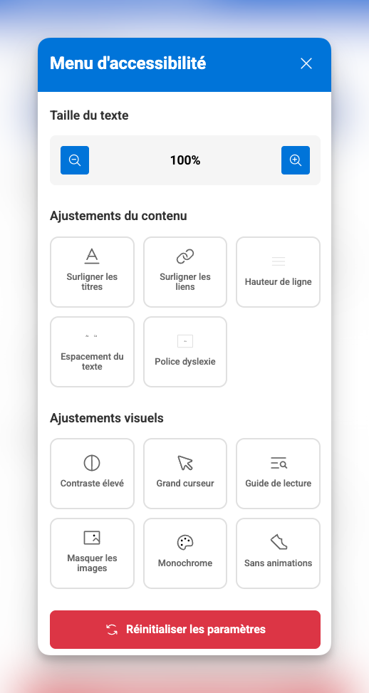 Menu d'accessibilité - Options de personnalisation de l'interface